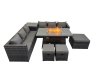Fimous 9 Seater Garden Outdoor Rattan Furniture Set Patio Corner Sofa Gas Firepit Dining Table with Side Table 3 Stools Dark Grey