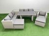 Fimous Patio Garden Furniture Sets with Black Glass Top Dining Table 3 Seater Sofa Armchair 2 Side Tables 2 Big Stool Light Grey