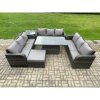 Fimous Patio Garden Dining Set Outdoor Rattan Furniture Lounge Sofa Height Adjustable Rising lifting Table With Side Table Big Footstool Dark Grey Mixed