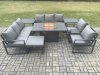 Fimous Aluminium Outdoor Garden Furniture Set Patio Lounge Sofa Gas Fire Pit Dining Table Set with Big Footstool 2 Side Tables Dark Grey