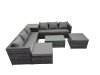 Fimous 8 Seater Garden Outdoor Rattan Furniture Set Patio Corner Sofa Rectangular Coffee Table with Side Table 2 Big Stool Dark Grey
