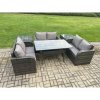 Fimous 6 Seater Outdoor Rattan Garden Furniture Set with Patio Love Sofa Rectangular Dining Table 2 Side Tables Dark Grey Mixed