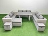 Fimous Patio Outdoor Garden Furniture Sets with Black Glass Top Dining Table 3 Seater Sofa 2 Side Tables 3 Stool Light Grey