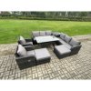 Fimous 10 Seater Rattan Garden Furniture Set Oblong Rectangular Dining Table and Chairs Set with 3 Seater Sofa 2 Big Footstool Side Table Dark Grey Mixed