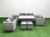 Fimous 8 PCs Rising Dining Table Set Rattan Furniture Set with 3 Seater Sofa Chair 2 Small Footstools 2 Side Tables Light Grey
