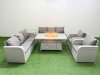 Fimous PE Rattan High Back Lounge Sofa Set Patio Firepit Dining Table & Chairs Set with 3 Seater Sofa Reclining Chair Side Table Light Grey