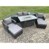 Fimous Patio Outdoor Rattan Garden Furniture Set Propane Gas Fire Pit Table Burner with Love seat Sofa 2 Big Footstool 2 Side Tables