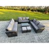 Fimous Rattan Lounge Sofa Set 11 Seater Outdoor Garden Furniture Set with Rectangular Coffee Table 3 Seater Sofa 2 Small Footstools Dark Grey Mixed