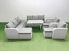 Fimous Rattan High Back Lounge Sofa Set Patio Dining Table & Chairs Set with 3 Seater Sofa 2 Reclining Chairs 2 Side Tables 3 Stool Light Grey
