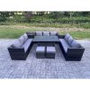 Fimous 11 Seater Outdoor PE Wicker Garden Furniture Rattan Lounge Sofa Set Patio Rectangular Dining Table with 2 Small Footstool Side Table Dark Grey Mixed