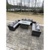 Fimous 9 Seater?U Shape Outdoor Lounge Rattan Sofa Set Garden Furniture Gas Firepit Set Dining Table Dark Grey Mixed