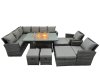 Fimous Poly Rattan Outdoor Patio Gas Firpit Dining Table Corner Sofa Set with 4 Stools 2 Chairs for Garden Backyard Dark Grey Mixed
