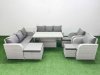 Fimous PE Rattan High Back Lounge Sofa Set Patio Adjustable Lifting Dining or Coffee Table & Chairs Set with 3 Seater Sofa Reclining Chair 3 Stools Side Table Light Grey