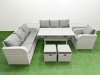 Fimous 9 Seater Poly Rattan Outdoor Garden Furniture Rectangular Dining Table Sofa Set Patio 3 Seater Sofa Reclining Chair 3 Seater Sofa Stools 2 Side Table Light Grey