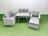 Fimous 6 Seater Outdoor Rattan Garden Furniture Set Love Sofa Reclining Chair Set with Rectangular Dining Table 2 Side Tables Big Footstool Light Grey