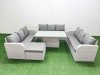 Fimous PE Rattan Lounge Sofa Set 10 Seater Outdoor Garden Furniture Set with Adjustable Lifting Dining or Coffee Table 3 Seater Sofa Big Footstool Side Table Light Grey