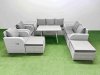 Fimous PE Rattan Garden Furniture Set Outdoor Rectangular Dining Table Sofa Set with Reclining Chair 2 Big Stool 2 Side Tables Light Grey