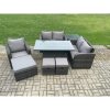 Fimous 8 Seater Rattan Furniture Garden Dining Set Outdoor Height Adjustable Rising lifting Table Love Sofa Chair With Side Table 3 Footstools