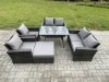 Fimous Rattan Garden Furniture Set 7 Seater Patio Outdoor Lounge Sofa Set with Rectangular Dining Table Love Seat Sofa Dark Grey Mixed