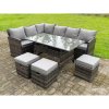 High Back Dark Mixed Grey Rattan Corner Sofa Set Outdoor Furniture Rectangular Dining Table 3 Small Footstools 9 Seater