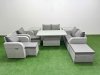 Fimous 9 Seater Outdoor Reclining Chair Love Sofa Set Rattan Garden Furniture Set with Adjustable Lifting Dining or Coffee Table 3 Stools 2 Side Table Light Grey