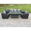 Fimous Outdoor Rattan Garden Furniture Sofa Set Patio Adjustable Rising Lifting Dining Table Set with Side Table 2 Armchairs Dark Grey Mixed