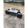 Fimous Outdoor PE Rattan Garden Furniture Gas Fire Pit Dining Table Armchairs With Side Coffee Table Dark Grey Mixed