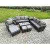 Fimous Outdoor Lounge Sofa Set 10 Seater Rattan Garden Furniture Set with Rectangular Coffee Table 3 Footstools 3 Seater Sofa 2 Side Tables Dark Grey Mixed