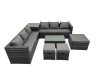 Fimous 9 Seater Garden Outdoor Rattan Furniture Set Patio Corner Sofa Rectangular Coffee Table with Side Table 3 Stool Dark Grey