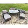 Fimous Rattan Outdoor Garden Furniture Set Rectangular Dining Table and Chair Sofa Set With Side Table 2 Big Footstool Dark Grey Mixed