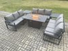 Fimous Aluminium 9 Seater Garden Furniture Outdoor Set Patio Lounge Sofa Gas Fire Pit Dining Table Set with 2 Side Tables Dark Grey