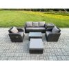 Fimous Outdoor Rattan Garden Furniture Set 6 Seater Patio Lounge Sofa Set with Reclining Chair Rectangular Coffee Table Big Footstool Side Table Dark Grey Mixed