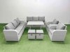 Fimous Rattan High Back Lounge Sofa Set Patio Dining Table & Chairs Set with 3 Seater Sofa 2 Reclining Chairs Side Table 2 Small Stool Light Grey