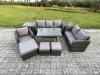 Fimous 9 PCS Outdoor Lounge Sofa Set Wicker PE Rattan Garden Furniture Set with Rectangular Dining Table Armchair 3 Footstools Dark Grey Mixed