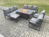 Fimous Aluminium Outdoor Garden Furniture Set Patio Lounge Sofa Gas Fire Pit Dining Table Set with Big Footstool Dark Grey