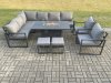 Fimous Aluminium Patio Outdoor Garden Furniture Corner Sofa Set Gas Fire Pit Dining Table with 2 Chairs 2 Small Footstools Dark Grey