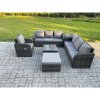 Fimous Outdoor Rattan Garden Furniture Set Conservatory Patio Sofa Coffee Table With Reclining Chair Big Footstool Side Table Dark Grey Mixed