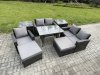Fimous Garden Dining Set Wicker PE Rattan Outdoor Furniture Sofa with Rectangular Dining Table Double Seat Sofa 2 Side Tables 2 Big Footstool Dark Grey Mixed