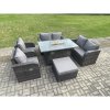 Fimous 7 Seater Rattan Garden Furniture Set Propane Gas Fire Pit Table and Sofa Chair set with Big Footstool