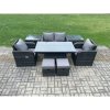 Fimous 6 Seater Rattan Outdoor Furniture Garden Dining Set Patio Height Adjustable Rising lifting Table Love Sofa Chair With 2 Side Tables Stools