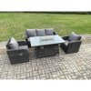 Fimous Garden Patio Furniture Wicker Rattan Gas Fire Pit Table and Chair set with 3 Seater Sofa Dark Grey Mixed