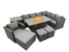 Fimous Garden Rattan Furniture Set 10 Seater Outdoor Corner Sofa Chair Gas Firepit Dining Table Set with Side Table 3 Stool Dark Grey