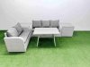 Fimous Outdoor PE Rattan Garden Furniture Set Rectangular Dining Table Sofa Set with 2 Side Tables Light Grey