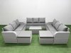 Fimous PE Rattan Lounge Sofa Set 11 Seater Outdoor Garden Furniture Set with Rectangular Coffee Table 3 Seater Sofa 2 Big Footstools Side Table Light Grey