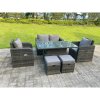 Fimous Dark Mixed Grey Rattan Outdoor Garden Furniture Lifting Adjustable Dining Or Coffee Table Sets Love Sofa Reclining Chairs Footstools 6 Seater