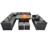 Fimous 10 Seater Garden Outdoor Rattan Furniture Set Patio Corner Sofa Gas Firepit Dining Table with Side Table 2 Small Stools Dark Grey
