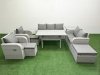 Fimous PE Rattan Garden Furniture Set Reclining Chair Sofa Double Love Seat 2 Seater Sofa Lounge Set Rectangular Dining Table 3 Stools Side Table Light Grey