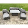 Fimous Outdoor Rattan Furniture Garden Dining Sets Height Adjustable Rising lifting Table Sofa Set With Chairs Side Tables 2 Big Footstools