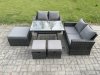 Fimous 7 Seater Garden Dining Set Wicker PE Rattan Outdoor Furniture Sofa with Rectangular Dining Table Double Seat Sofa 3 Footstools Dark Grey Mixed