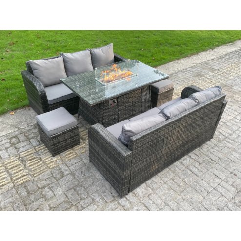Fimous Rattan Outdoor Furniture Gas Fire Pit Rectangle Dining Table Gas Heater 3 Seater Lounge Sofa Small Footstools Sets 8 Seater